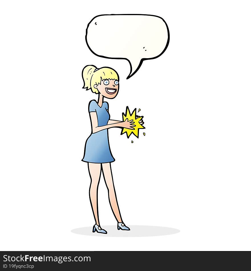 cartoon woman clapping hands with speech bubble