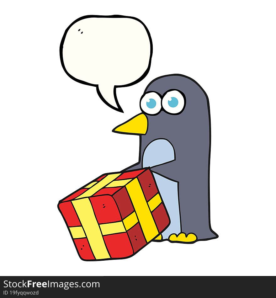 freehand drawn speech bubble cartoon penguin with christmas present