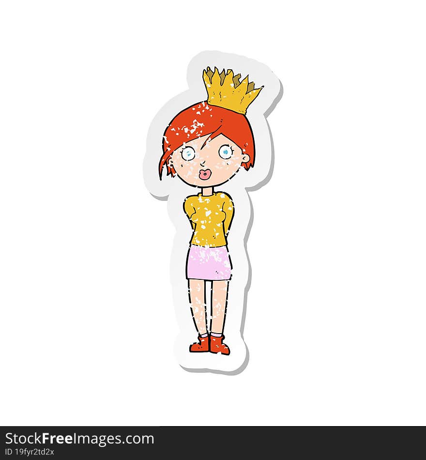 retro distressed sticker of a cartoon person wearing crown