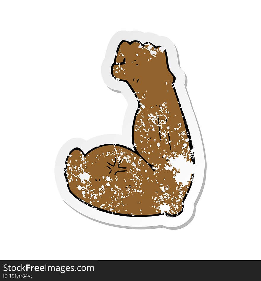 retro distressed sticker of a flexing strong arm cartoon