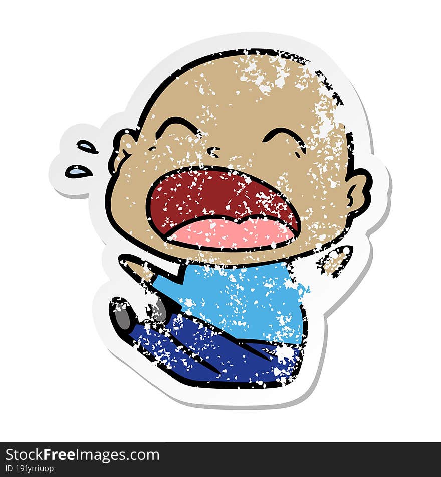 distressed sticker of a cartoon shouting bald man