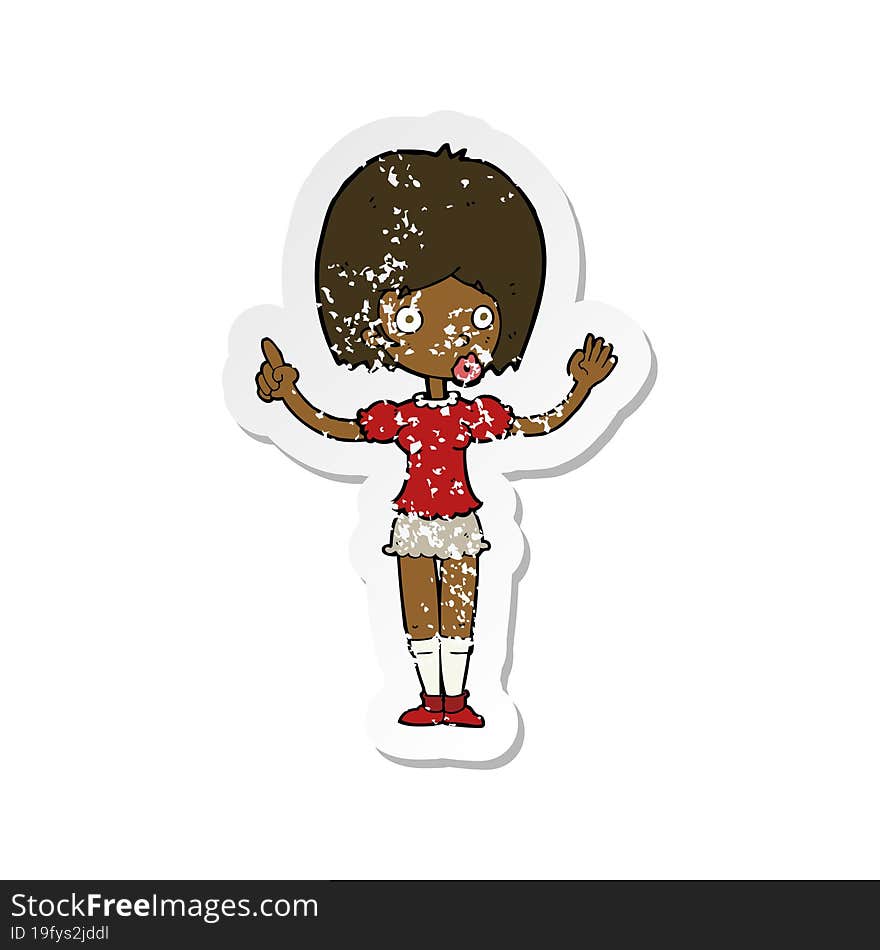 retro distressed sticker of a cartoon woman explaining her point