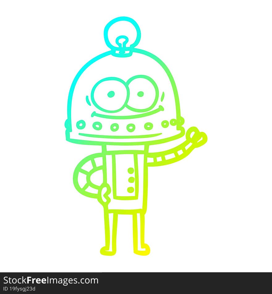 cold gradient line drawing happy carton robot with light bulb