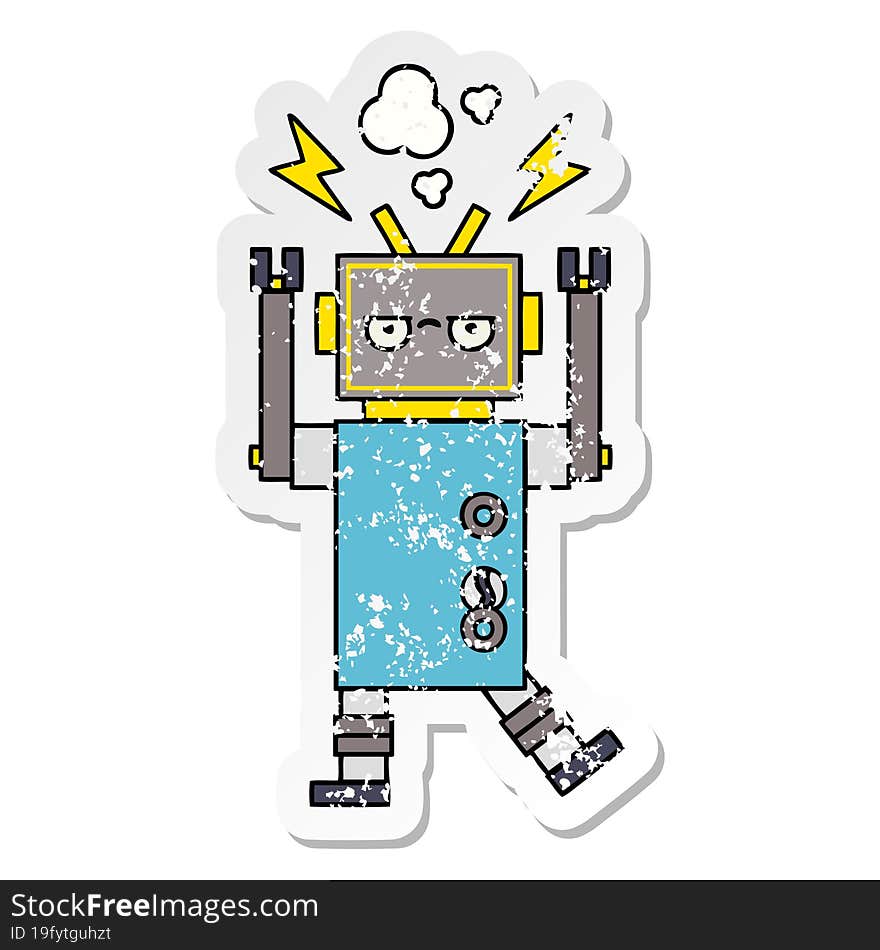 Distressed Sticker Of A Cute Cartoon Malfunctioning Robot