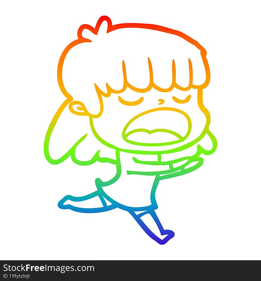 rainbow gradient line drawing of a cartoon woman talking loudly