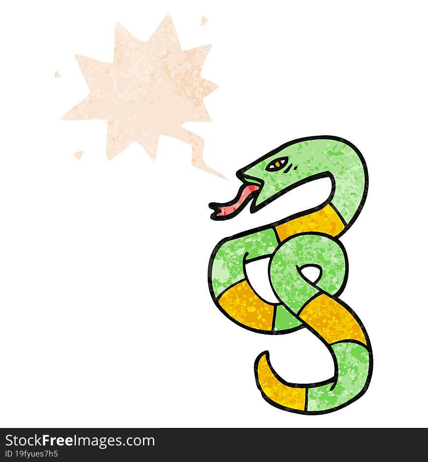 cartoon snake and speech bubble in retro textured style