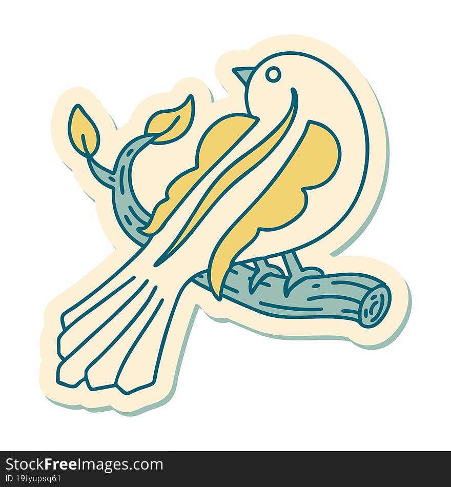 sticker of tattoo in traditional style of a bird on a branch. sticker of tattoo in traditional style of a bird on a branch