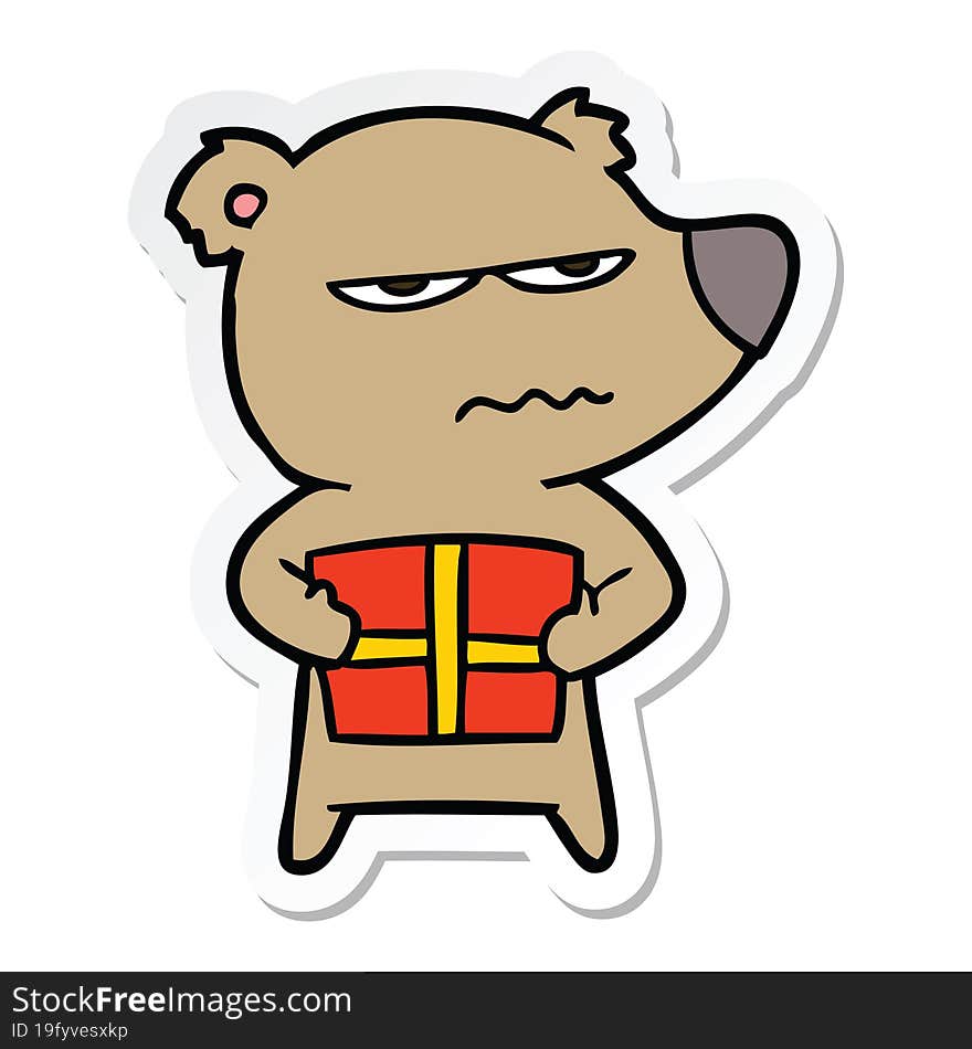 sticker of a angry bear cartoon holding present