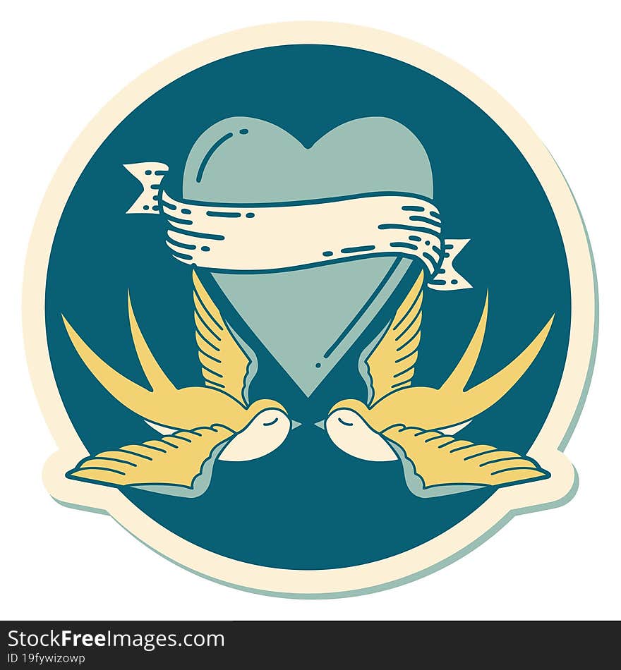 sticker of tattoo in traditional style of swallows and a heart with banner. sticker of tattoo in traditional style of swallows and a heart with banner