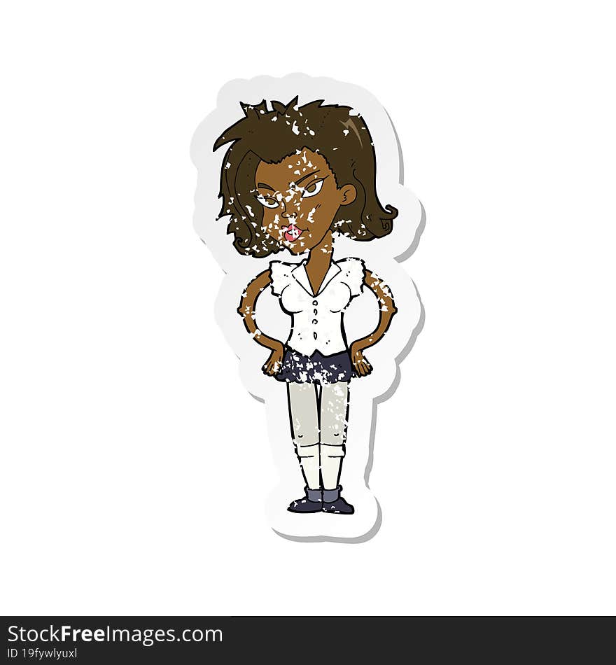 retro distressed sticker of a cartoon woman with hands on hips