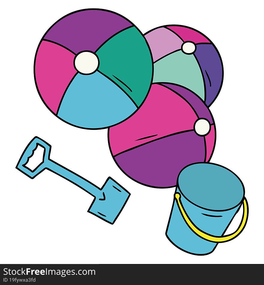 cartoon doodle beach balls with a bucket and spade