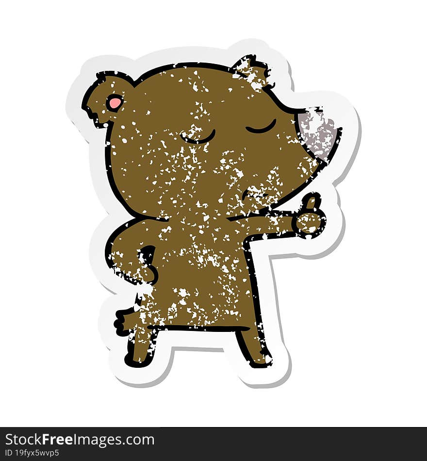 distressed sticker of a happy cartoon bear giving thumbs up