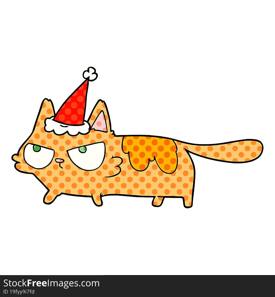 Comic Book Style Illustration Of A Angry Cat Wearing Santa Hat