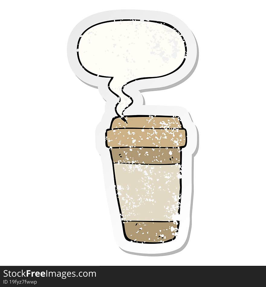 cartoon coffee cup and speech bubble distressed sticker