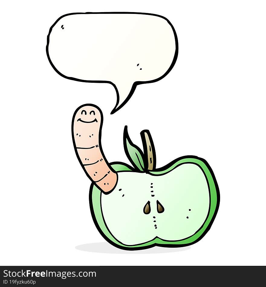 cartoon apple with worm with speech bubble