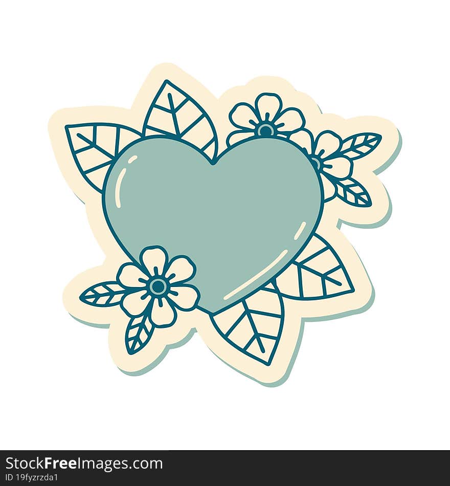 sticker of tattoo in traditional style of a botanical heart. sticker of tattoo in traditional style of a botanical heart