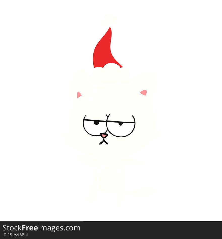 bored hand drawn flat color illustration of a cat wearing santa hat. bored hand drawn flat color illustration of a cat wearing santa hat