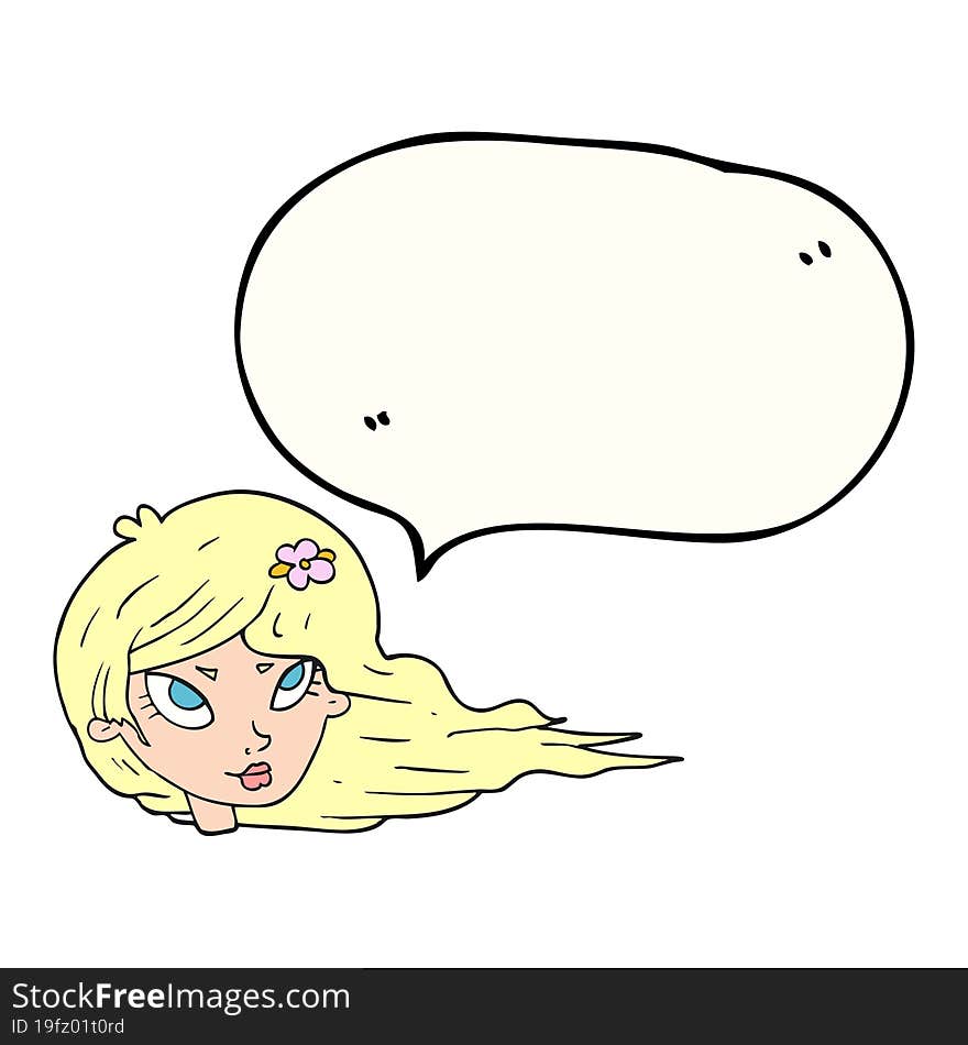 speech bubble cartoon woman with blowing hair