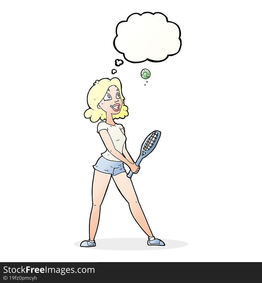 cartoon woman playing tennis with thought bubble