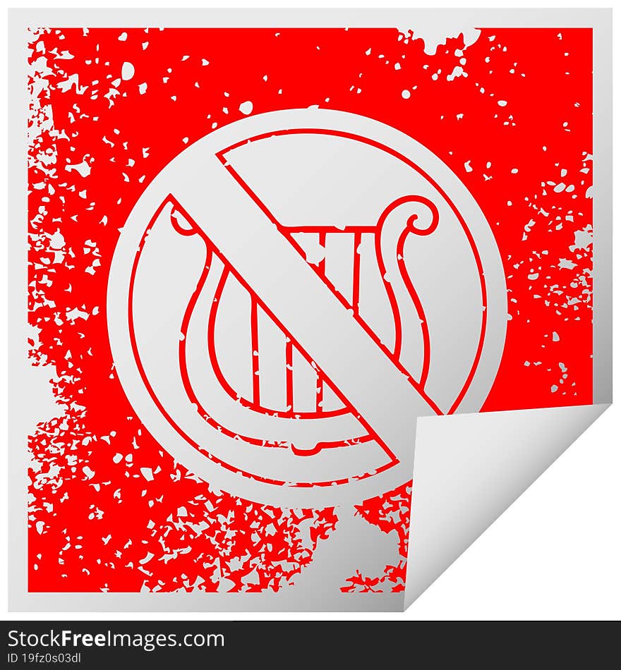 distressed square peeling sticker symbol of a no music allowed sign