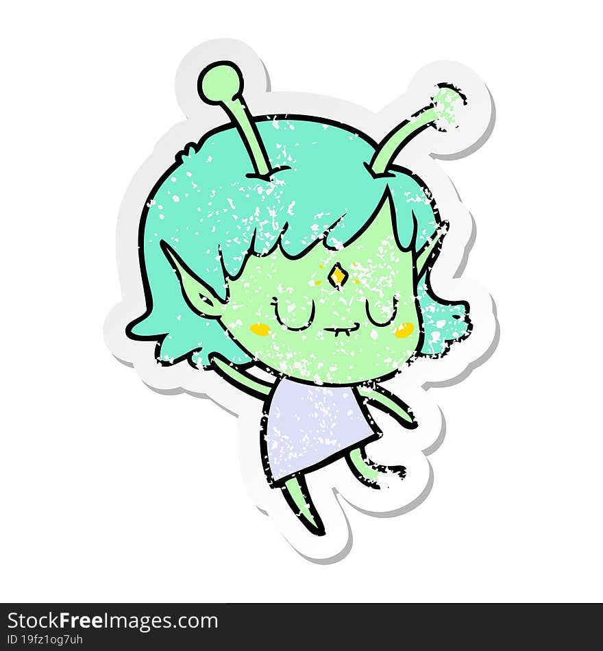 distressed sticker of a cartoon alien girl