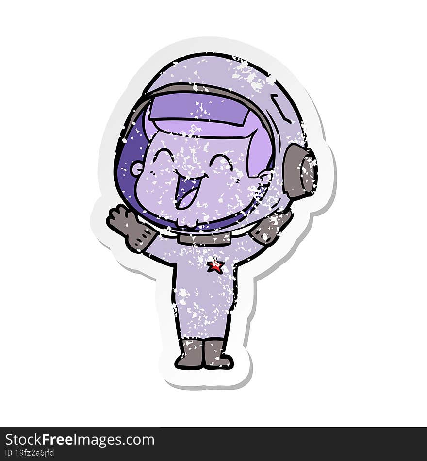 distressed sticker of a happy cartoon astronaut