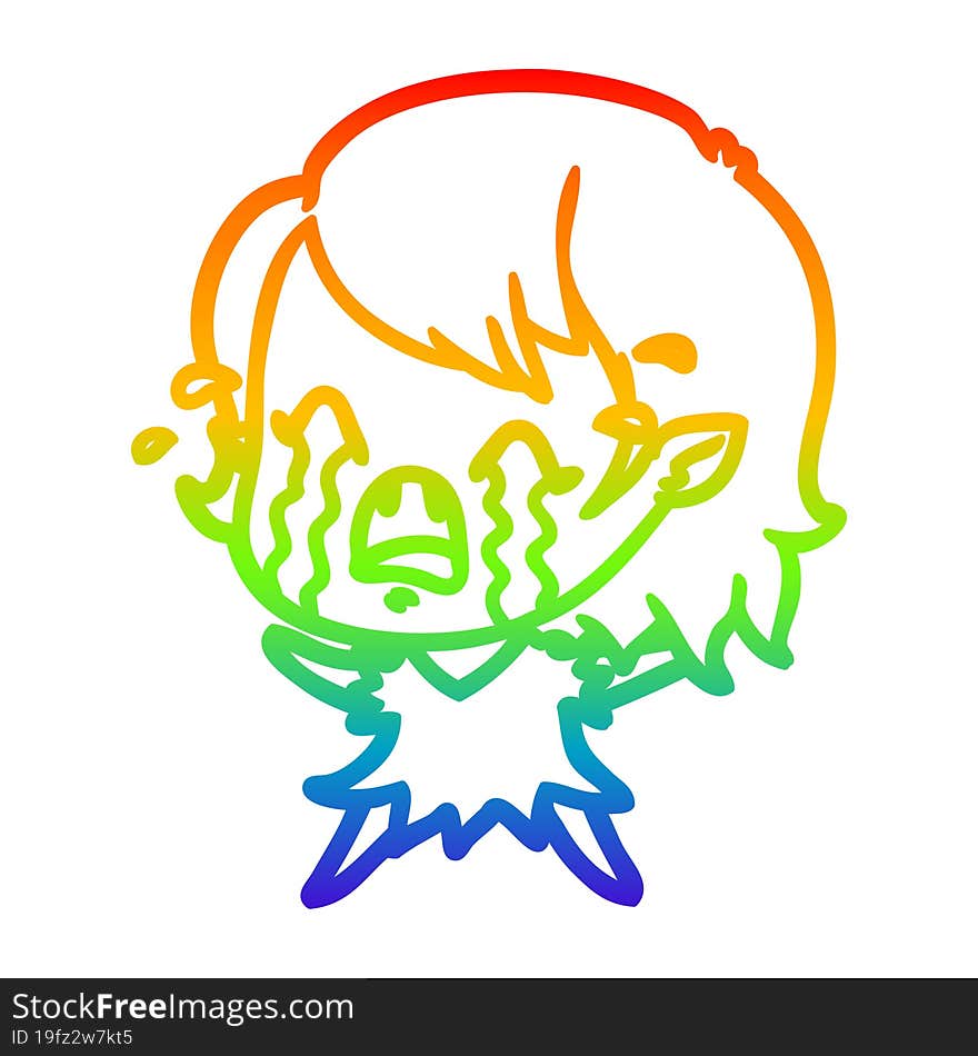 rainbow gradient line drawing cartoon crying vampire girl