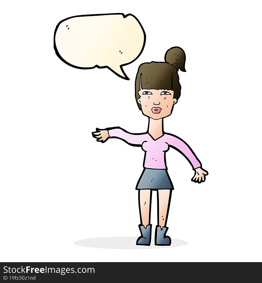 cartoon woman making dismissive gesture with speech bubble