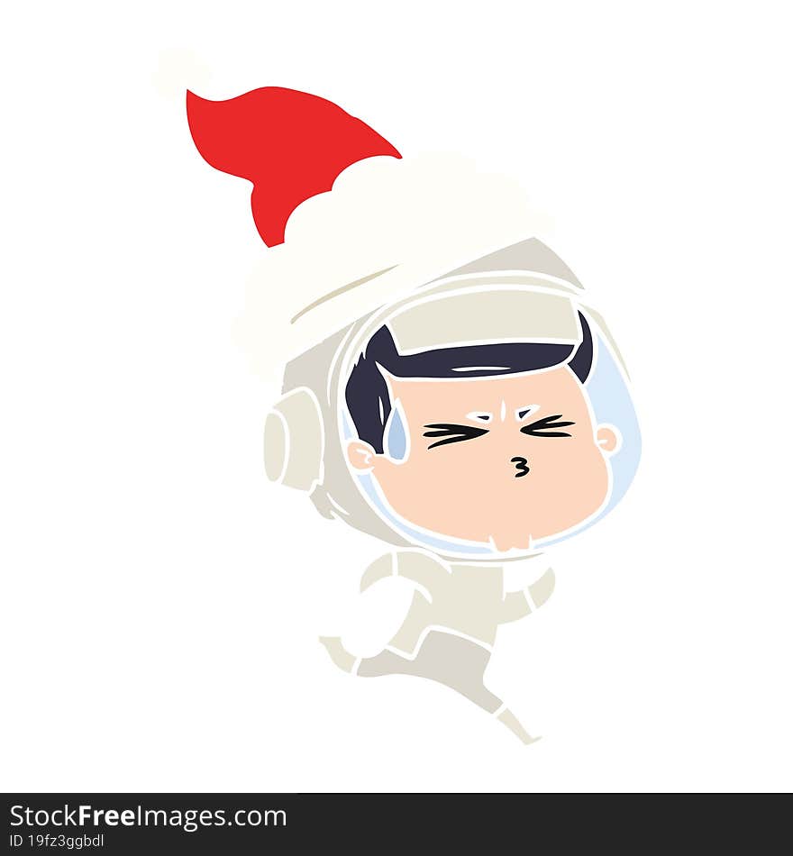 flat color illustration of a stressed astronaut wearing santa hat