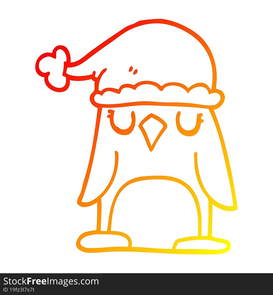 Warm Gradient Line Drawing Cartoon Penguin Wearing Christmas Hat