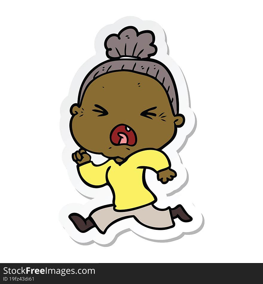 sticker of a cartoon angry old woman