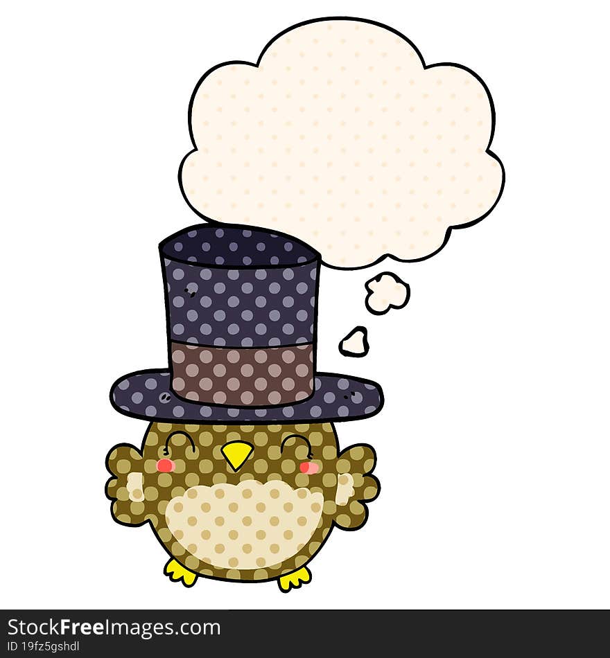 Cartoon Owl Wearing Top Hat And Thought Bubble In Comic Book Style