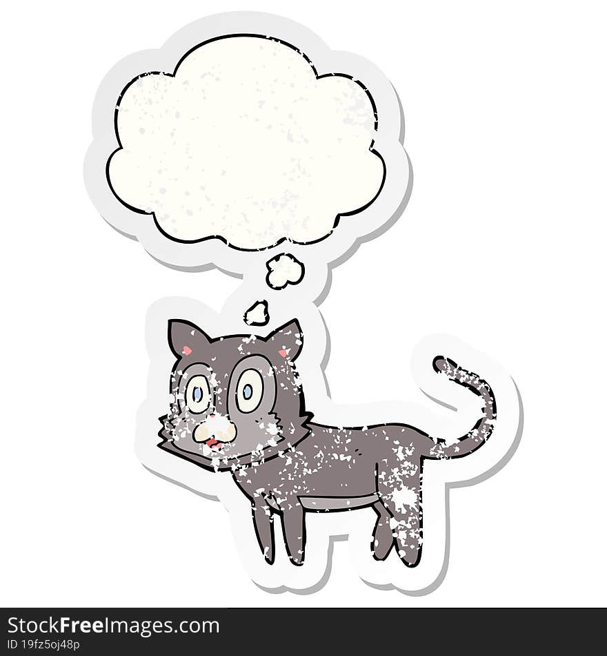 happy cartoon cat and thought bubble as a distressed worn sticker