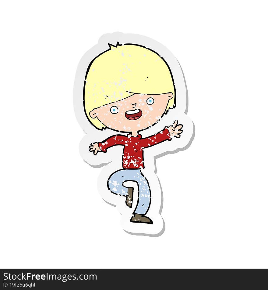 retro distressed sticker of a cartoon happy boy dancing