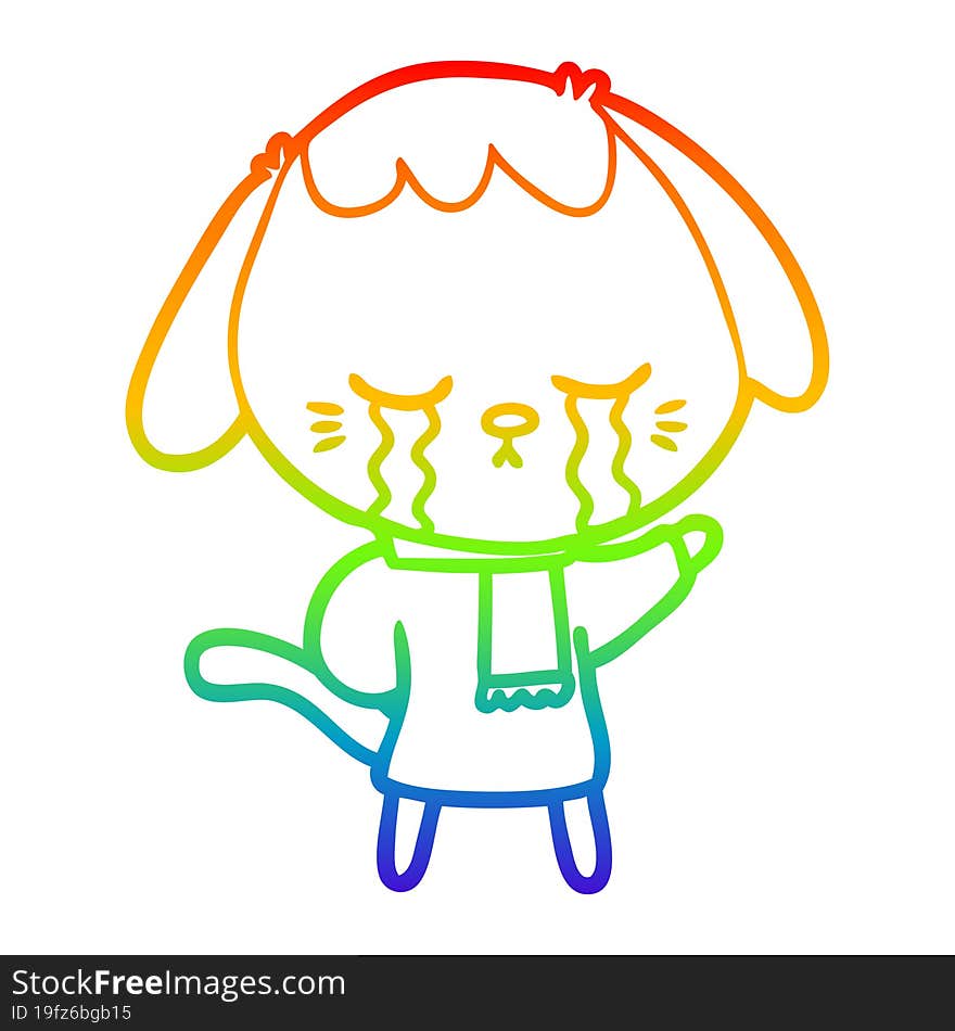 rainbow gradient line drawing of a cute puppy crying cartoon