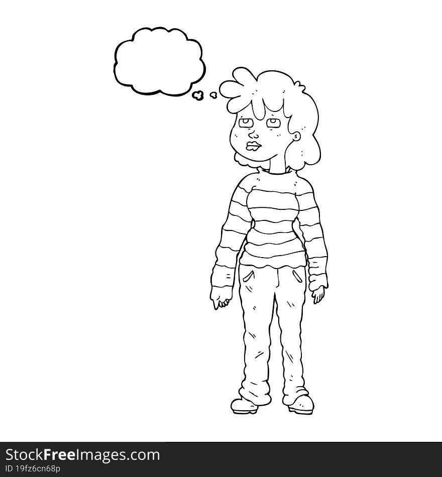 freehand drawn thought bubble cartoon woman in casual clothes