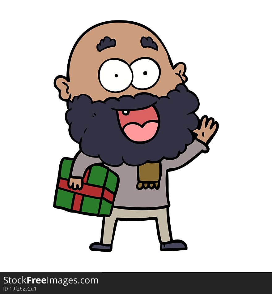 cartoon crazy happy man with beard and gift under arm. cartoon crazy happy man with beard and gift under arm