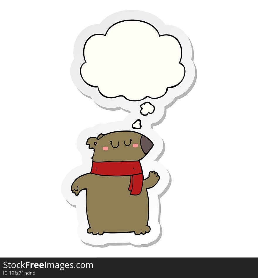 cartoon bear with scarf and thought bubble as a printed sticker