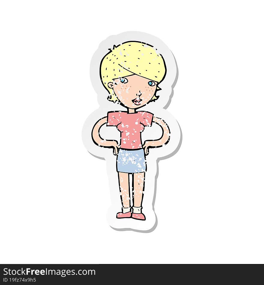 retro distressed sticker of a cartoon woman with hands on hips