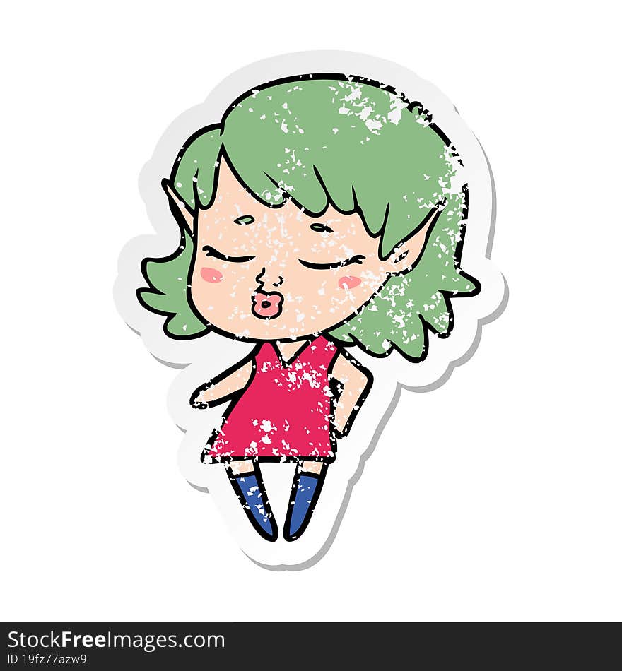 distressed sticker of a pretty cartoon elf girl