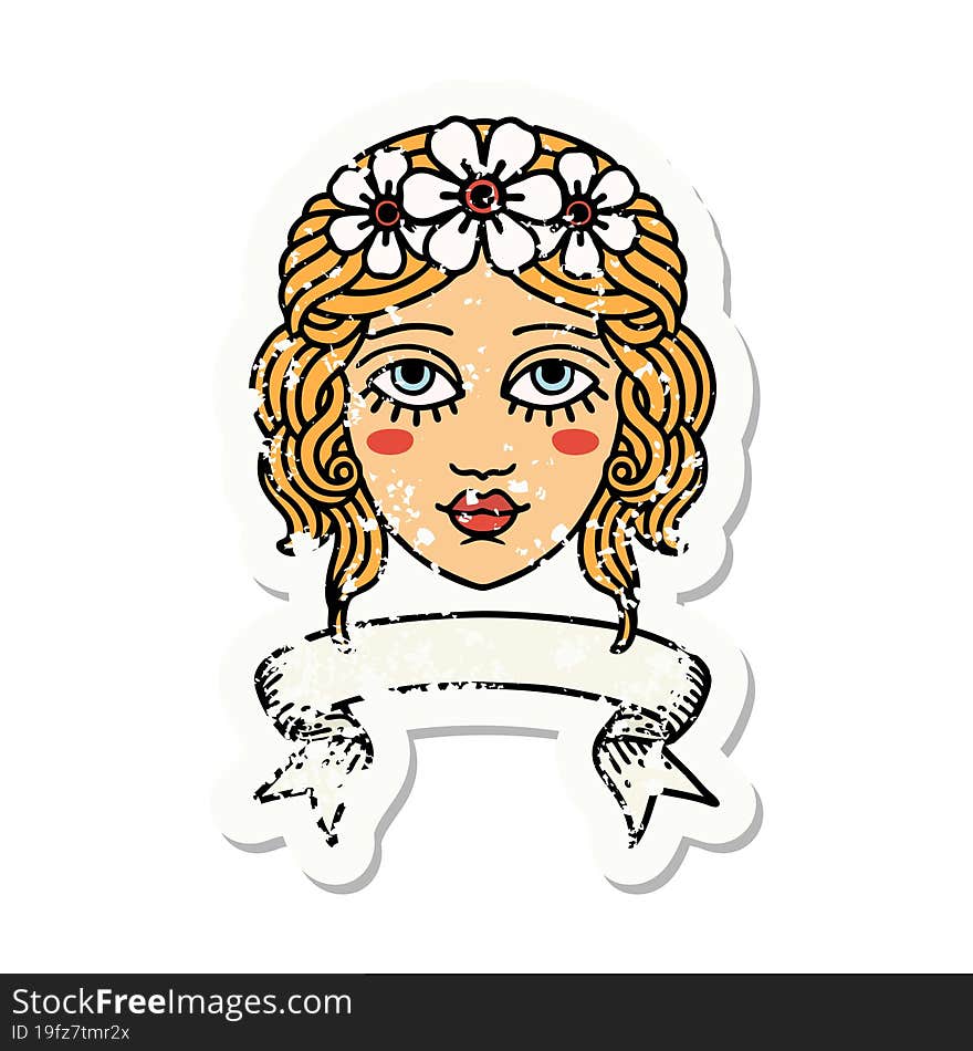 grunge sticker with banner of female face with crown of flowers