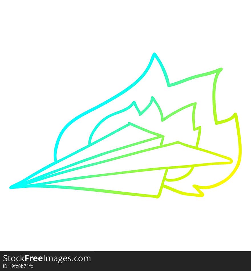 cold gradient line drawing of a cartoon burning paper airplane