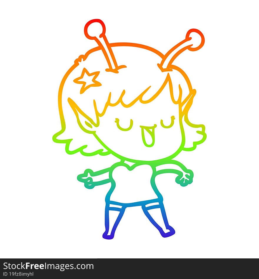 rainbow gradient line drawing happy alien girl cartoon