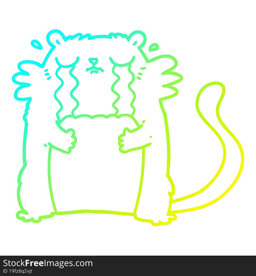 cold gradient line drawing of a cartoon crying cat