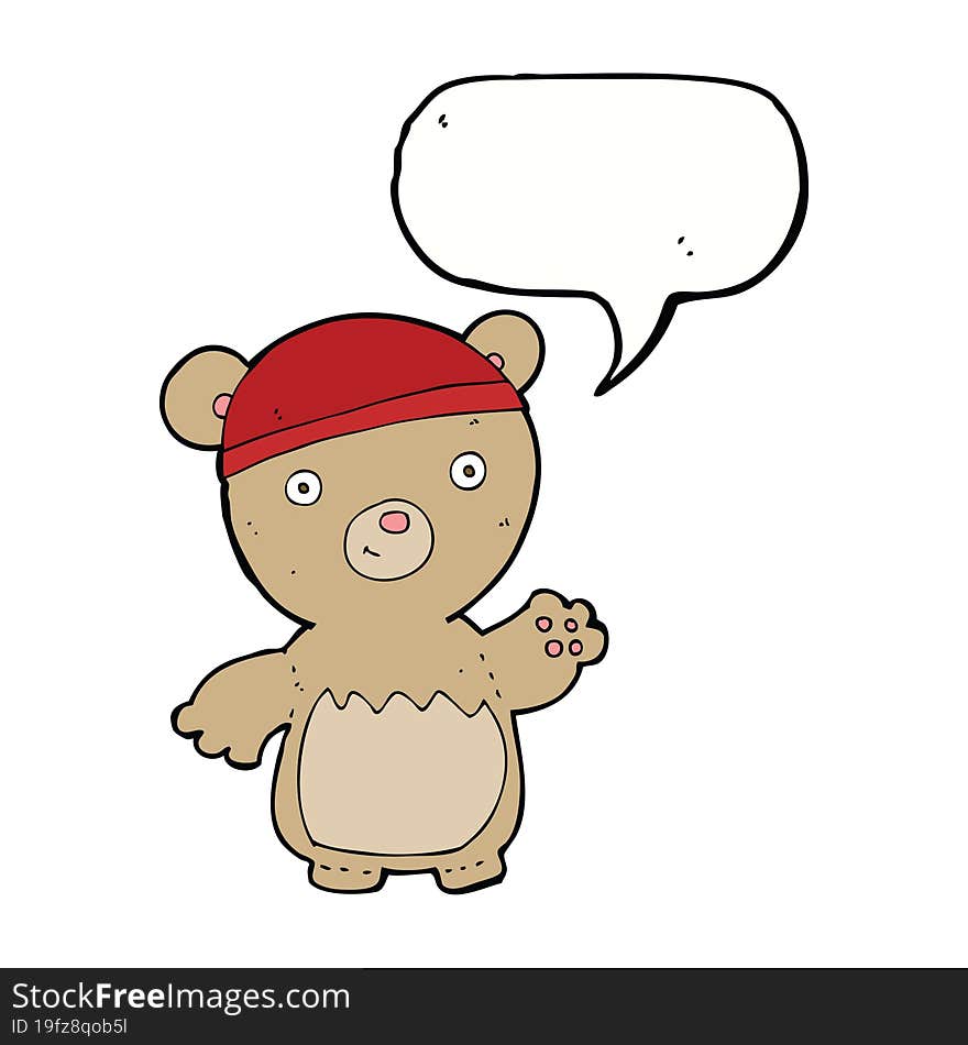 cartoon teddy bear wearing hat with speech bubble