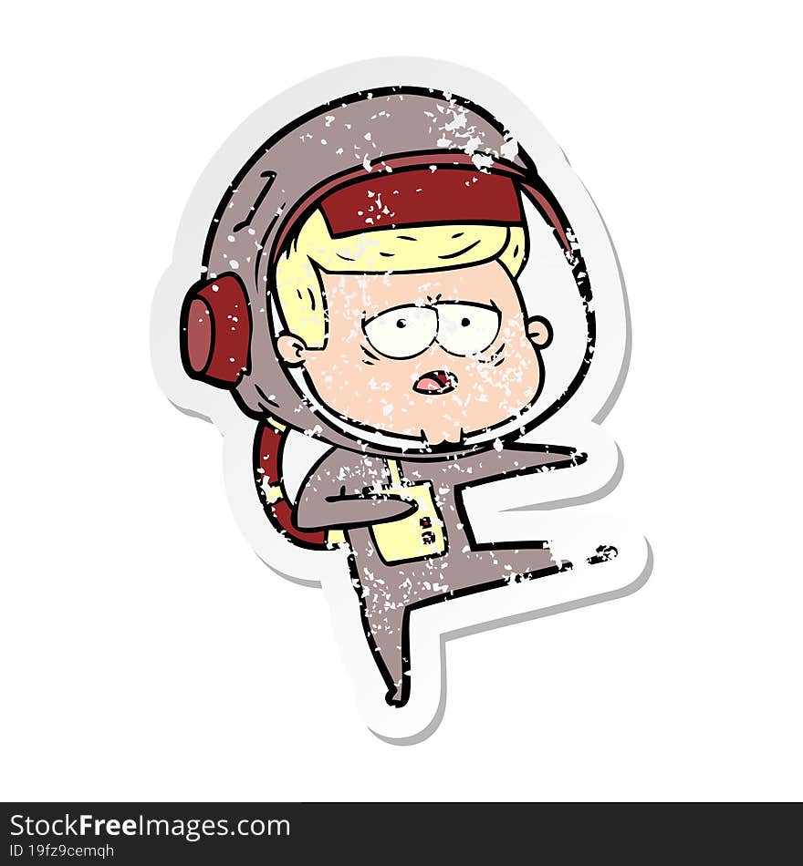 distressed sticker of a cartoon tired astronaut