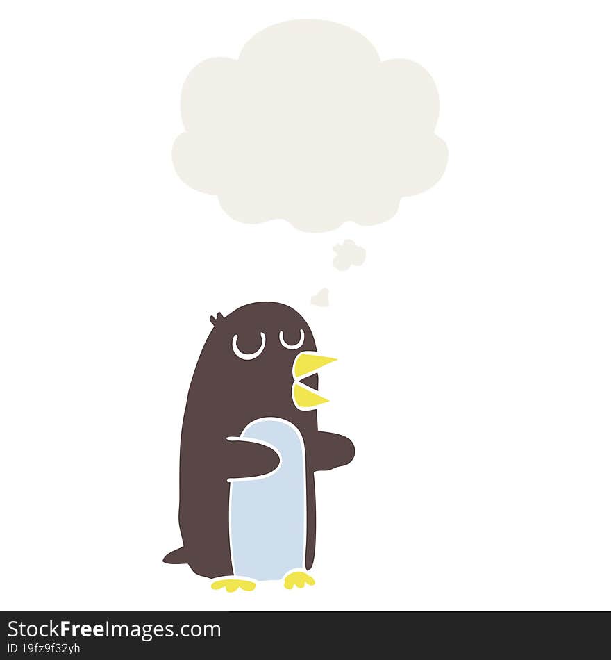 cartoon penguin with thought bubble in retro style