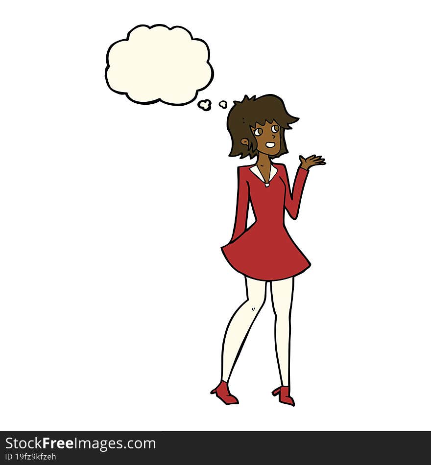 cartoon pretty woman in dress with thought bubble