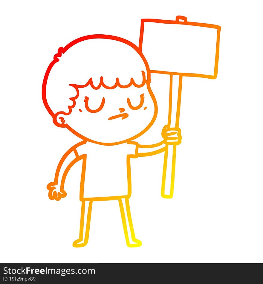 warm gradient line drawing cartoon grumpy boy with placard