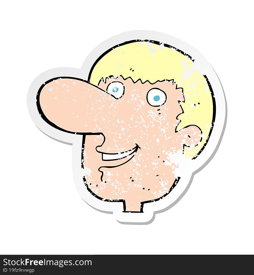 retro distressed sticker of a cartoon happy male face